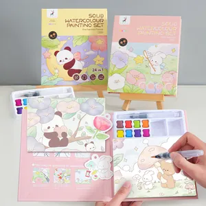 Set di Pittura ad Acquerello Solido Portatile per Bambini Libro da Disegno Tascabile Con Pennello a Pigmenti Panda Coniglio Libro da Colorare