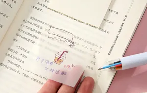 Transparent sticky note detail showing semi-matte texture and readability on printed book