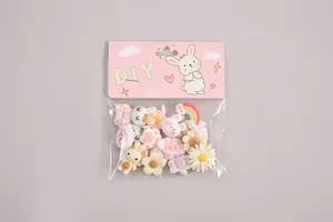 Vista dettagliata di ciondoli in resina a cartone animato in una confezione rosa DIY.