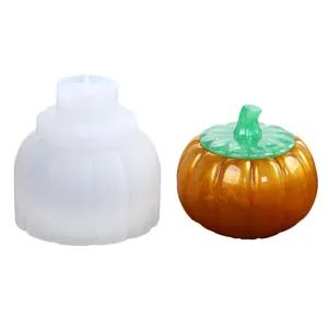 Vista dettagliata dello stampo in silicone a forma di zucca e contenitore in resina.