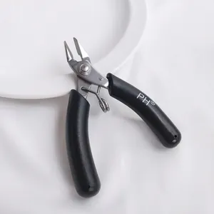 Close-up view of mini stainless steel precision needle nose pliers for DIY jewelry making