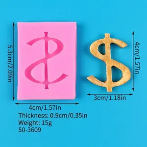 Detailed view of pink dollar sign silicone mold with specific dimensions in cm and inches