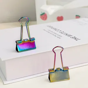 Zwei regenbogenfarbene Metall-Binder-Clips auf einem weißen Buch, schicker Bürobedarf