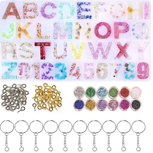Kit complet de moules en résine alphabet et chiffres avec paillettes et accessoires