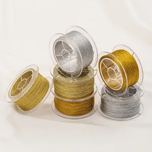 Close-up detail of metallic gold and silver thread spools for DIY jewelry making
