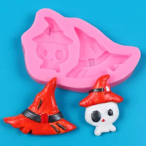 Detail of Halloween silicone mold with skull and wizard hat resin finished pieces