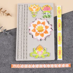 Detailweergave van Europese retro bloemen siliconen mal met kleurrijke fondant monsters.