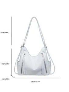 Large capacity light blue underarm tote bag with detailed measurement annotations