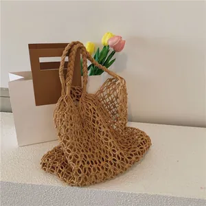 Bolso de Playa de Algodón Tejido a Mano para Mujer Gran Capacidad Bolso Tote de Paja Calado Estilo de Vacaciones Relajado Bolso de Hombro de Verano