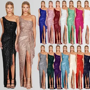 One-shoulder pleated sequin long evening dress with high slit available in multiple colors.