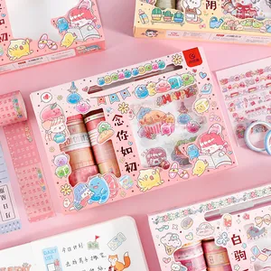 Cute cartoon DIY scrapbooking sticker and washi tape gift set with pastel pink theme