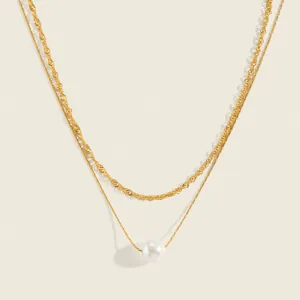 Collier Pendentif Perle Artificielle en Acier Inoxydable Double Rang Européen Américain Colliers Chaîne en Or Plaqué sous Vide pour Bijoux Élégants pour Femmes