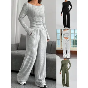 Conjunto de Dos Piezas de Punto de Canalé para Mujer Casual Color Sólido Top de Manga Larga y Pantalones de Pierna Ancha Otoño Invierno