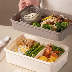 Close-up detail of a minimalist double-layer bento lunch box with food compartments
