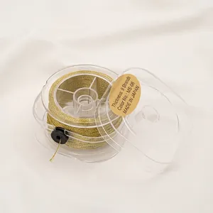 Detailed macro view of 9-strand gold metallic thread on a spool in a clear box.