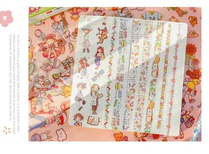 Detailed view of cute PET stickers and washi tapes applied in a grid notebook for DIY journaling.