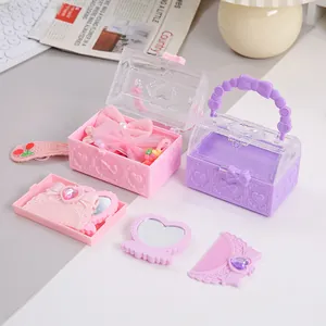 Niedliches Schatzkisten-Aufbewahrungsbox-Set in Pink und Lila mit Herzspiegel und Kamm