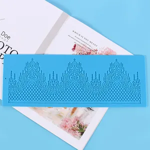 Detailed view of intricate lace pattern on a blue silicone fondant cake border mold.