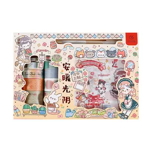 Creative cute cartoon DIY journal sticker and washi tape gift set with craft knife