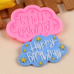 Nahaufnahme der Happy Birthday Silikonform für DIY Fondant-Kuchendekorationen.