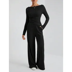 Elegante conjunto de dos piezas de punto de canalé negro para mujer con pantalón ancho