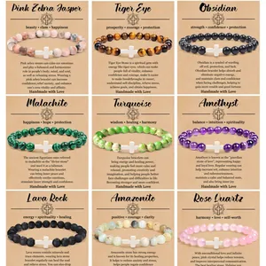 Natuursteen Kralen Armband Met Betekenisvolle Kaart Handgemaakt 8mm Elastische Kruis Armband Voor Dames Heren Helende Sieraden Cadeau