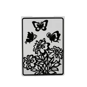 Detailed view of plastic embossing stencil with butterfly and flower patterns for DIY crafts