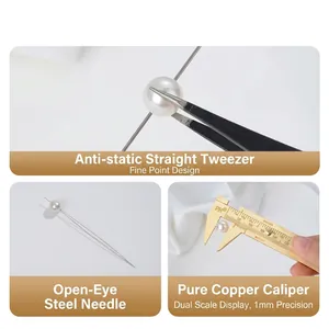 Complete DIY jewelry tool kit including tweezers, beading needle, and brass caliper.