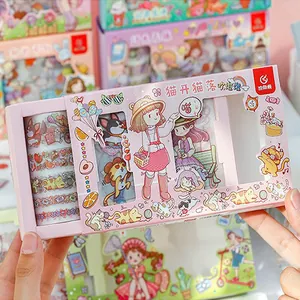 Cute cartoon PET washi tape and sticker gift box set for DIY journal decorating