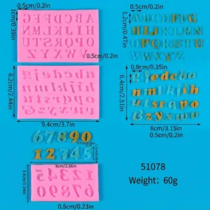 Dimensions détaillées des moules en silicone lettres et chiffres pour la pâtisserie.