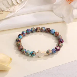 8mm natuursteen elastische kralenarmband met witte kruisbedel voor dames en heren