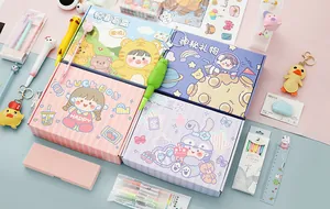 Assorted cute stationery mystery gift boxes with colorful school supplies and accessories