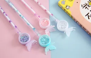 Detail view of cute butterfly gel pens with heart-shaped sequins in colorful caps