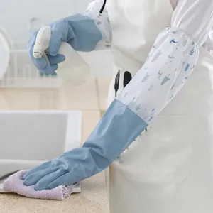 Waterproof Long Silicone Dishwashing Gloves With Printed Sleeves Elastic Cuff Kitchen Laundry Reusable Cleaning Gloves