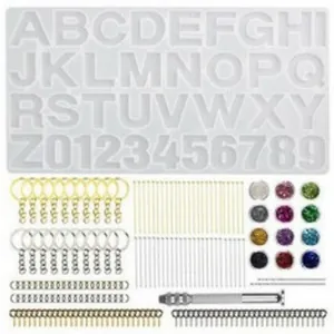 Complete DIY resin mold set including alphabet and number silicone molds plus craft tools.