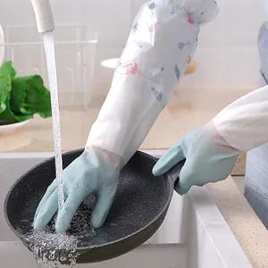 Waterproof silicone kitchen gloves with long patterned sleeves for dishwashing