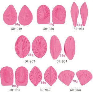 Pink silicone petal and leaf molds for fondant cake decoration with weight and SKU labels