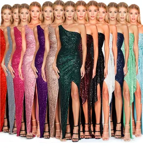 Multi-color collection of elegant one-shoulder sequin evening gowns with high side slits