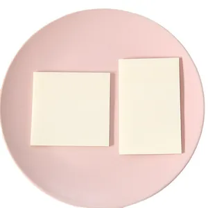 Translucent beige sticky notes in square and rectangular shapes on a pink plate background