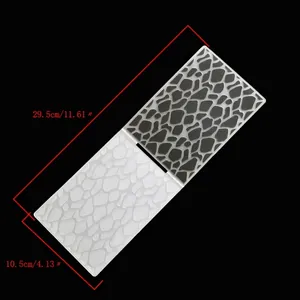 Macro view of DIY plastic embossing folders showing textures and dimensions 29.5x10.5cm
