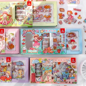 Cute cartoon PET journal sticker and tape gift box set for student DIY diary decoration.
