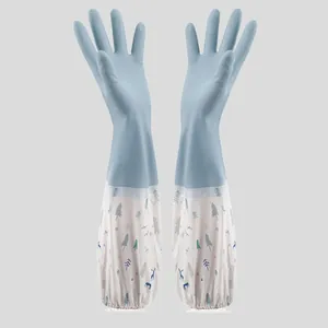 Long waterproof silicone gloves with a forest deer pattern and elastic cuffs for kitchen use.