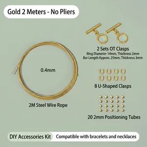 Kit de joyería DIY con cierres dorados, cable de acero y cuentas de crimpado para collar