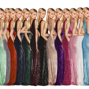Collection of single shoulder sequined evening maxi dresses shown in various colors