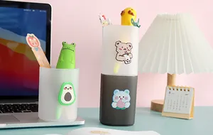 Creative cartoon frosted pen holders for desk organization with cute animal stickers