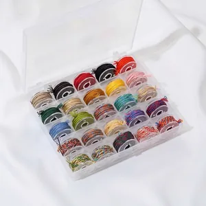 Detailansicht von 25 farbigen Baumwollgarnspulen in einer transparenten Box für DIY
