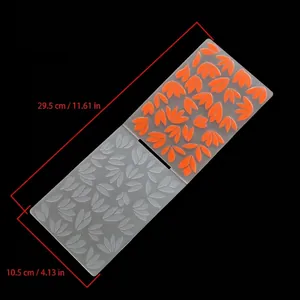 Detailed view of DIY plastic leaf pattern embossing folder with measurements