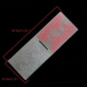 Detailed view of DIY plastic embossing folder with floral pattern and dimensions