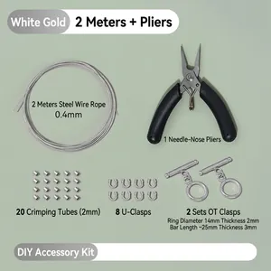 Detalles del kit de joyería DIY en oro blanco con hilo de acero, alicates y cierres OT.