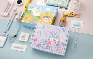 Overhead view of cute cartoon stationery blind box gift set with assorted school supplies
